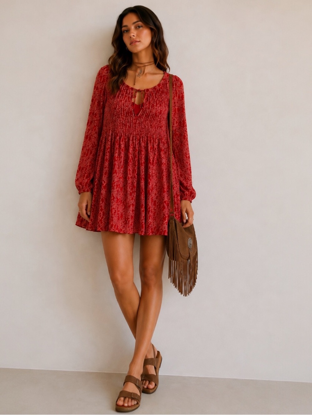 Y2K Free People "Marlow" Mini Babydoll Dress Size Small Batik Bohemian Festival